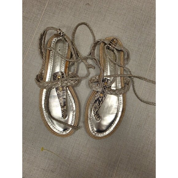 Jimmy Choo Snake Print & Metallic Espadrille Sandals Sz 37 Braided Lace-Up Boho - Picture 1 of 7